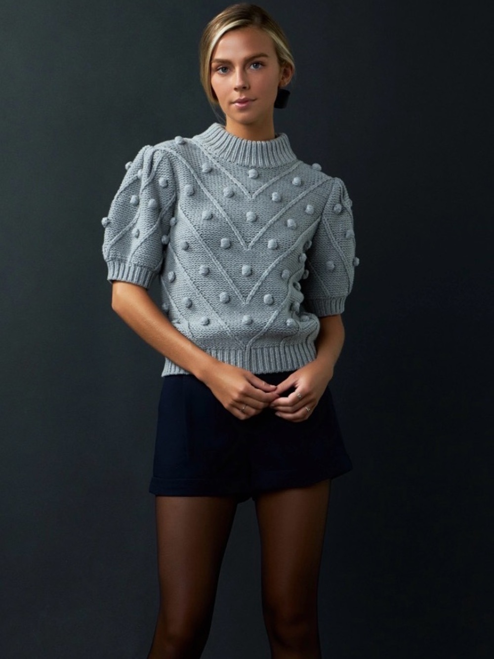 English factory pom pom puff sleeve sweater gray size small